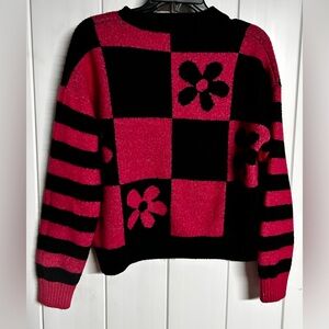 Zara Black and Pink Floral Checkered Sweater